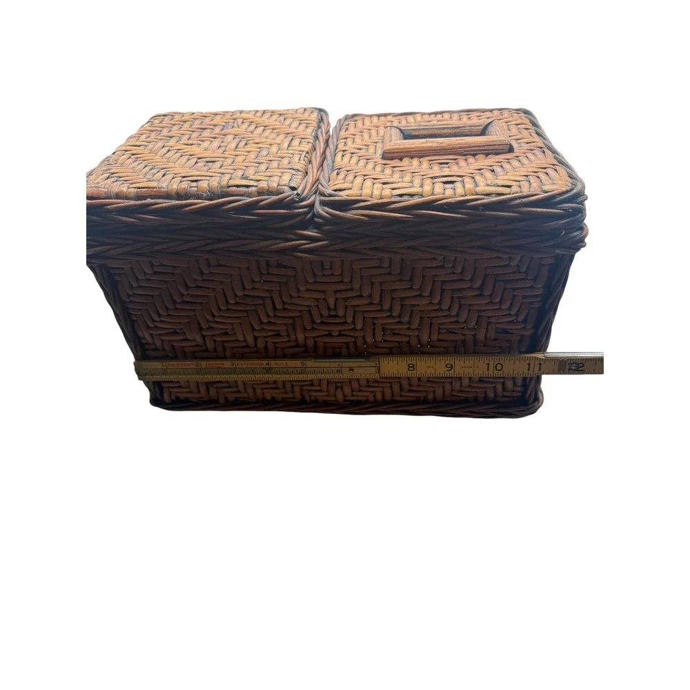 Vintage Woven Wicker Dual Compartment Tissue Box Cover and Storage Basket Brown